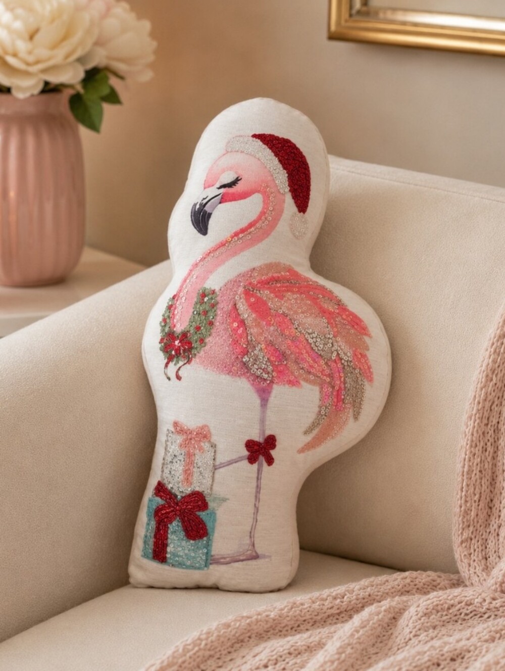 Festive Flamingo Holiday Accent Pillow in Pink and White